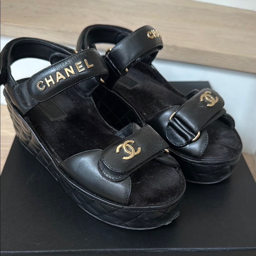 CHANEL Black Chunky Platform Sandals - Picture 2 of 9